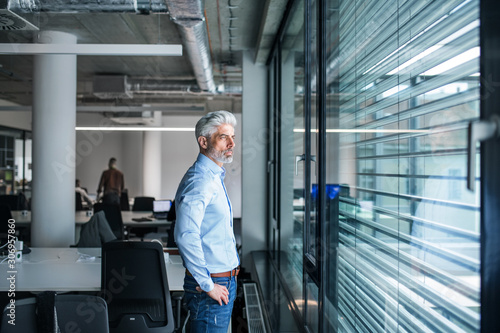 A mature businessman standing in an office, looking out of window.