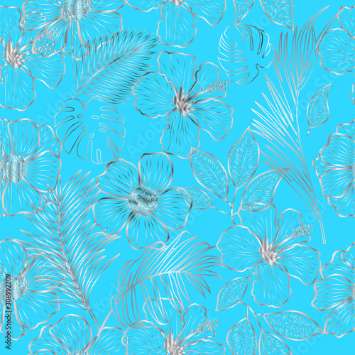 Vector silver outline flowers seamless pattern