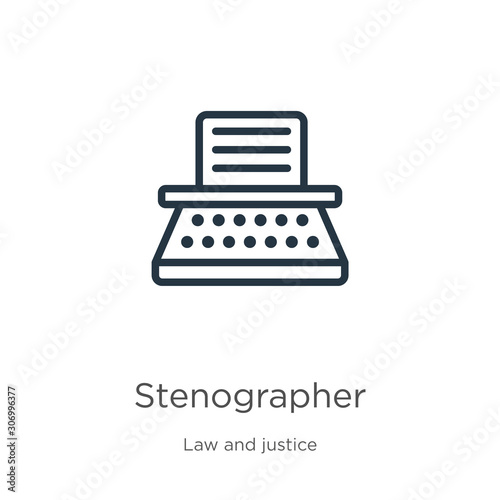 Stenographer icon. Thin linear stenographer outline icon isolated on white background from law and justice collection. Line vector stenographer sign, symbol for web and mobile