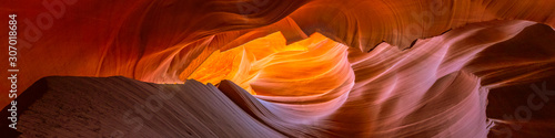 Panoramic glowing rocks in colorful Antelope Canyon near Page, Arizona. Travel concept.