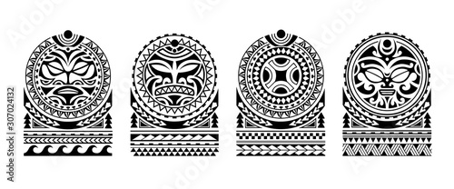 Set of tattoo sketch maori style for shoulder with sun symbols