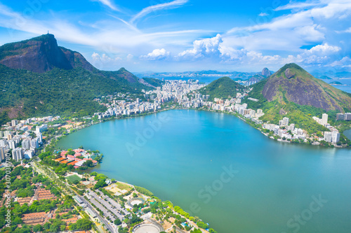 Beautiful aerial view of Rio de Janeiro city with Rodrigo de Freitas Lagoon from the helicopter ride - Rio de Janeiro, Brazil