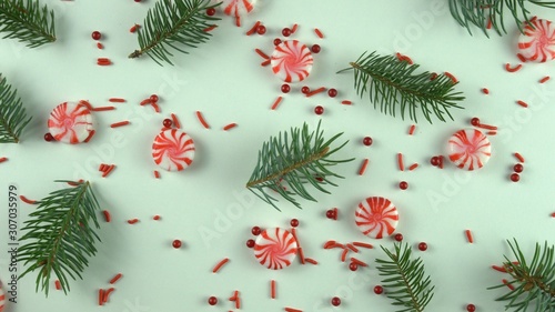 Simple minimalistic Christmas mood table decorations with candy canes and real fir or pine tree branches. Festive Xmas holiday concept in green and red color.