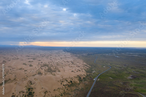 aerial view of desertification land at dusk