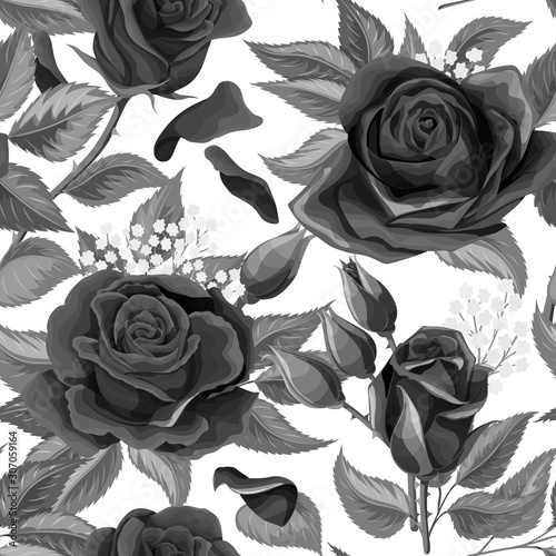 Beautiful black and white monochrome seamless pattern in roses with contours