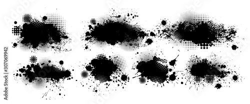 Set of blots. Black spots of paint on a white background. Grunge frame of paint. Vector illustration.