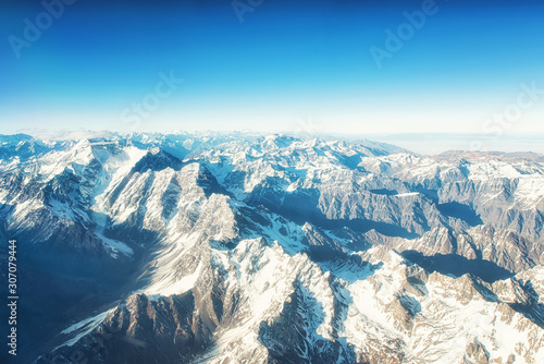 Andes Mountains (Cordillera de los Andes) viewed from an airplane window.
