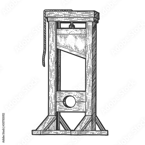 Guillotine medieval execution sketch engraving vector illustration. T-shirt apparel print design. Scratch board imitation. Black and white hand drawn image.