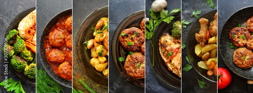 Collage of food in the dishes. A variety of food, vegetables, chicken, close-up and top view. Options for dishes.