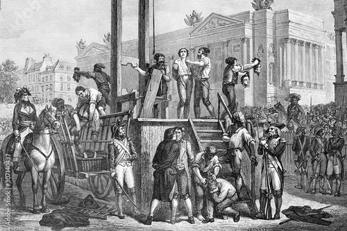 Execution by guillotine of Maximilien Robespierre (born 1758, died 1794), and Louis Antoine de Saint-Just (born 1767, died 1794) French politicians during the French revolution. Antique illustration. 