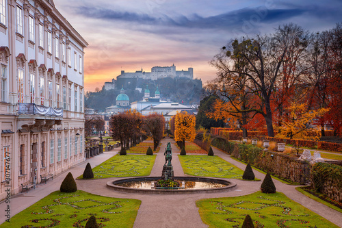 Salzburg, Austria. Cityscape image of the Salzburg, Austria with Mirabell Gardens during autumn sunrise.