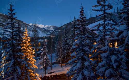 Wintry Snowy Night Scene in Vail, Colorado.