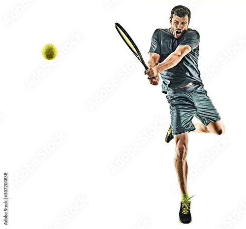 one caucasian mature tennis player man backhand silhouette full length in studio isolated on white background