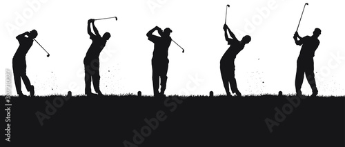 Vector silhouettes of golfers at the driving range.