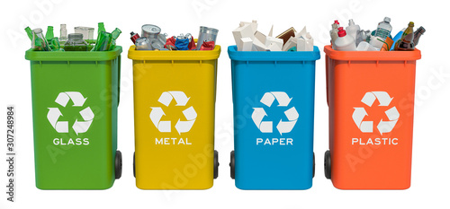 Set of recycling trash cans with glass, paper, metallic and plastic waste, 3D rendering