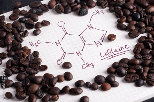 Coffee beans with hand drawn caffeine formula