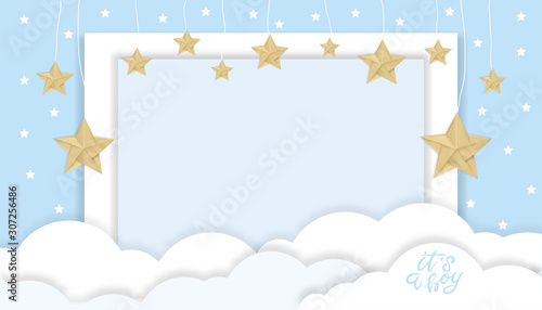 Baby boy shower card with clouds and stars hanging on blue background, Vector illustration Cute paper cut with copy space for baby's boy photos