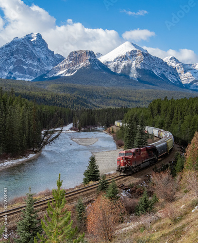 Train in a valley in Banff Canada 