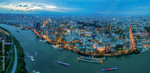 Panorama view of night cityscape in Ho Chi Minh city 