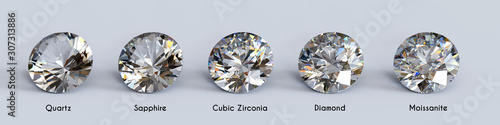 Diamond substitutes in comparison on white background.