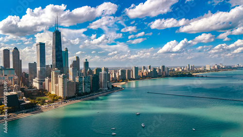 Chicago skyline aerial drone view from above, city of Chicago downtown skyscrapers and lake Michigan cityscape, Illinois, USA