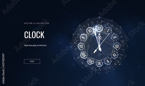 Clock face low poly landing page template. New Year holiday item web banner. 3d timer dial polygonal illustration. Watch, glowing timekeeper with decorative numerals mesh art homepage design layout