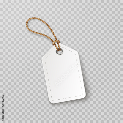 Tag with rope isolated on transparent background. Cardboard label, paper sale or gift empty sticker and string. Vector blank realistic price banner, promo offer mockup..
