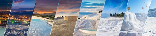 Amazing white travertine in different time of day, geological phenomenon literally "Cotton Castle" in Turkish, most visited attraction in Pammukale, Turkey.