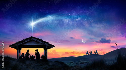 Nativity Of Jesus - Scene With The Holy Family With Comet At Sunrise