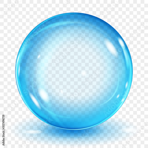 Big translucent light blue sphere with glares and shadow on transparent background. Transparency only in vector format