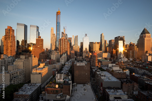 Sunset panorama of Manhattan's Hell's Kitchen skyline as seen from the 10th Avenue, Midtown Manhattan, New York City. Taken on September the 25th, 2019.