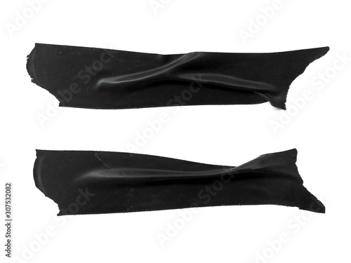 Set of black tapes on white background. Black sticky tape, adhesive pieces or black tapes. Torn black sticky tape on white background.