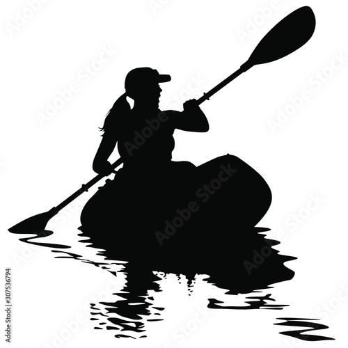 A vector silhouette of woman kayaking.