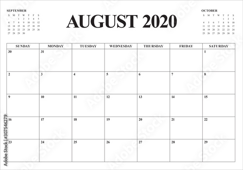 August 2020 desk calendar vector illustration
