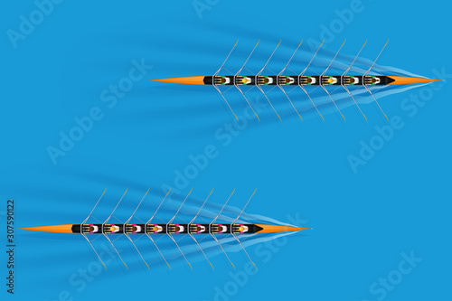 Race of Eight rowers with mixed paddlers on water surface. Women and men inside boats in moving. Top view of Equipment for waters sport rowing. Vector Illustration