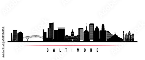 Baltimore skyline horizontal banner. Black and white silhouette of Baltimore, Maryland. Vector template for your design.