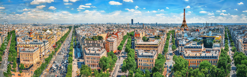 Beautiful panoramic view of Paris from the roof of the Triumphal Arch. Champs Elysees.