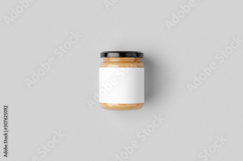 Peanut, almond, nut butter jar mockup with blank label.
