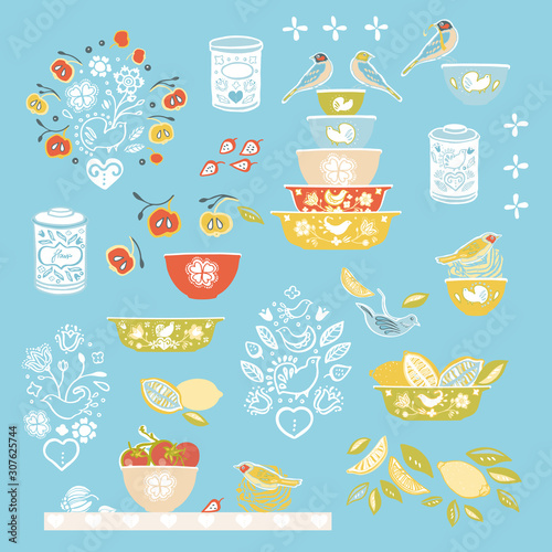 Retro happy kitchen folk art vector ilustration set. Icon set. Colorful vintage kitchen utensil folk art style on blue backgroud. Fabric, wallpaper, packaging, print. Hipster vintage kitchen design.