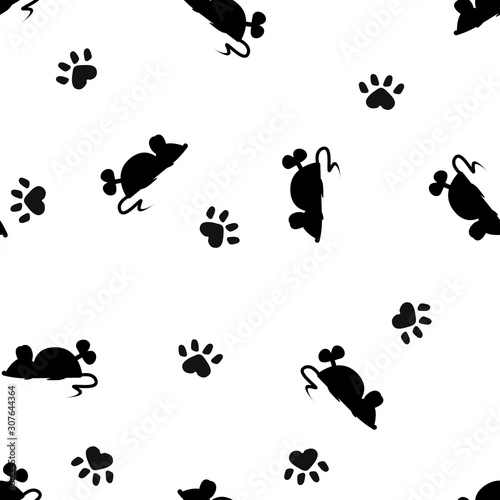 Clockwork mouse pattern black and white and cat footprints. Simple seamless pattern of clockwork mouse vector for background, wrapping paper, fabric surface design illustration
