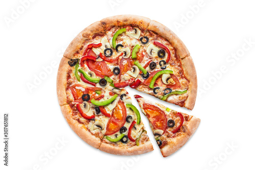 Delicious vegetarian pizza with champignon mushrooms, tomatoes, mozzarella, peppers and black olives, isolated on white background