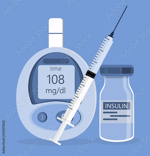 Insulin syringe, blood glucose testing meter and insulin bottle in flat style icon are shown for type 2 diabetes control. Help for diabetics and insulin production