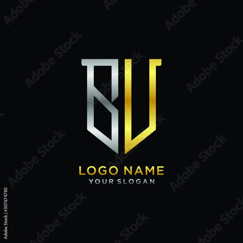 Abstract letter BU shield logo design template. Premium nominal monogram business sign.shield shape Letter Design in silver gold color