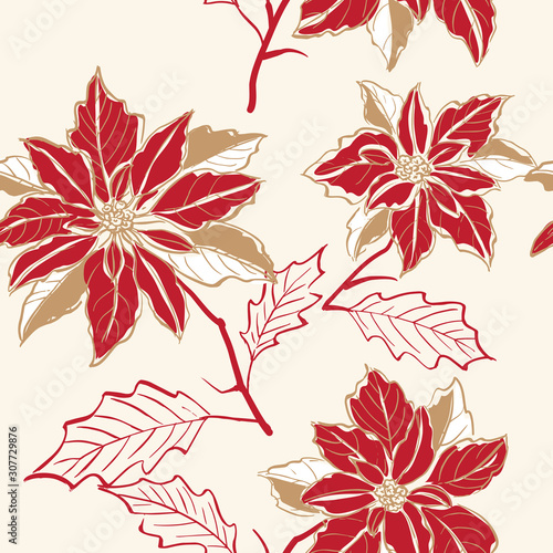 Seamless colorful hand drawn sketchy red and golden poinsettia flower pattern
