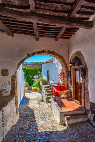 a narrow street inside of the obidos castle in Portugal