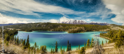 Panorama of Emerald Lake, It is located in the Yukon Territory of Canada.