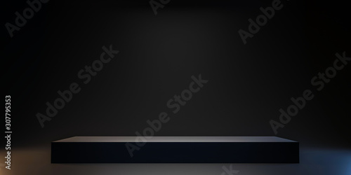 Pedestal of Platform display with black stand podium on dark room background. Blank Exhibition or empty product shelf. 3D rendering.