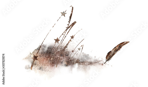 Abstract illustration with old rusty stars and a bronze feather. Book writer logo.