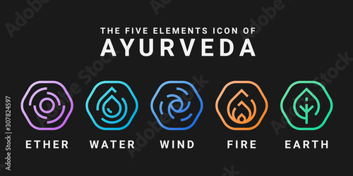 The Five elements icon of Ayurveda with ether water wind fire and earth Line Rounded hexagon icon sign vector design