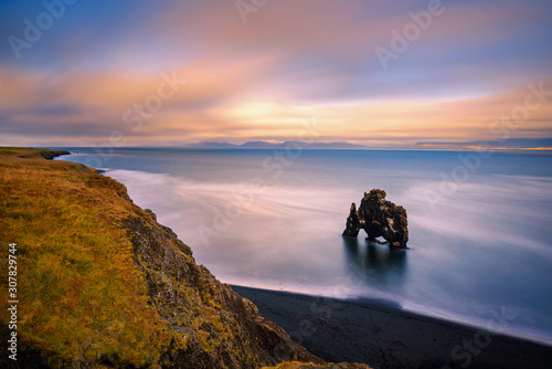 Sunset at the Hvitserkur basalt stack in northern Iceland